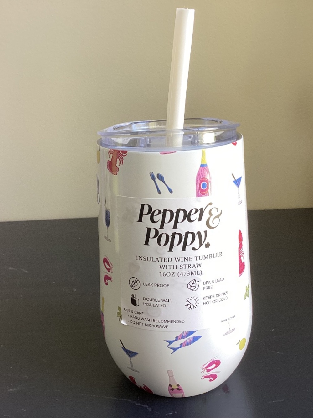 NWT Pepper & Poppy Stemless Wine Tumbler With Straw 16oz, Sea Life n Wine Design